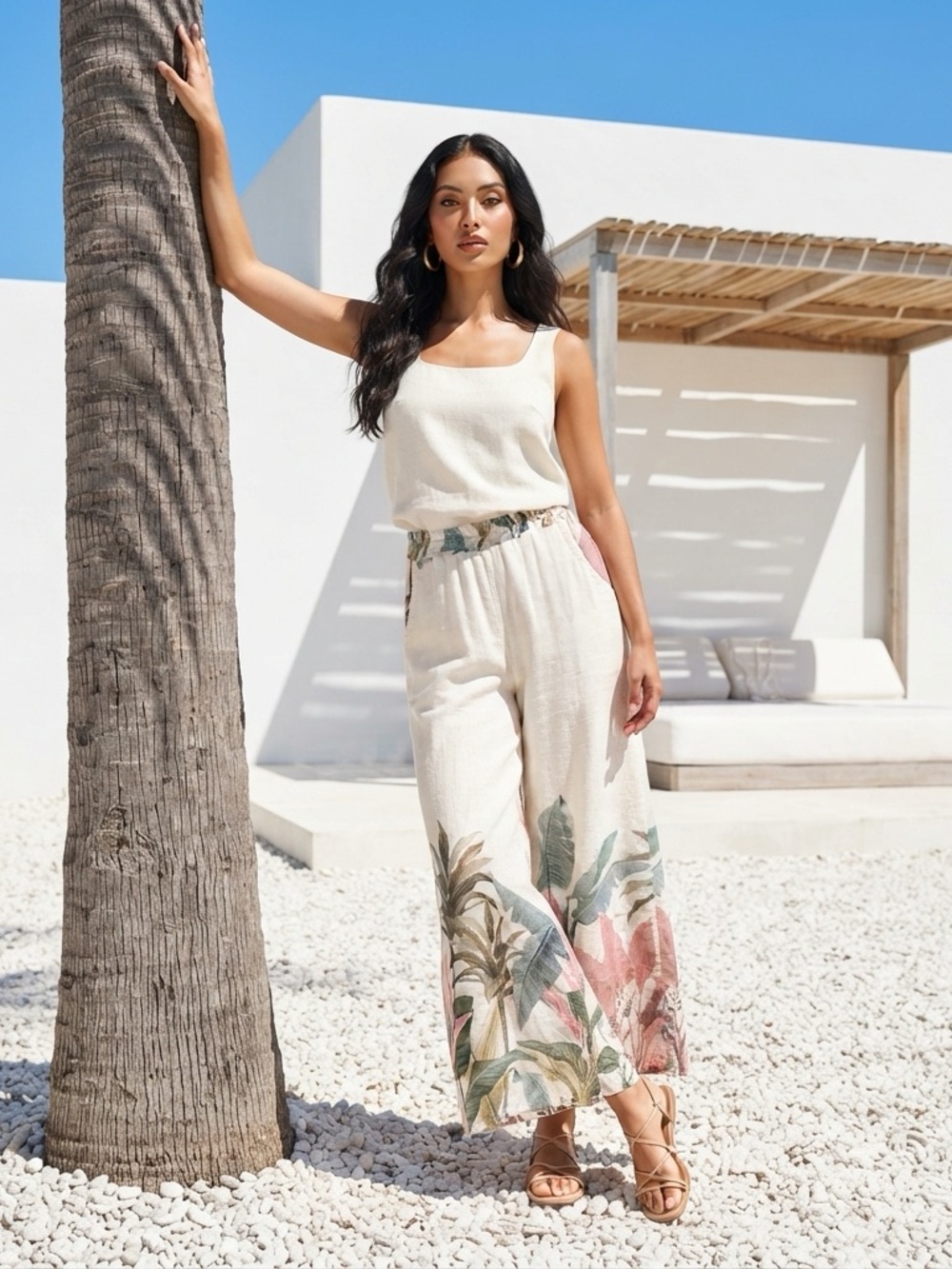 Tropical Print Wide-Leg Lounge Pants - Cream with Green & Pink (M-L) - Picture 1 of 10